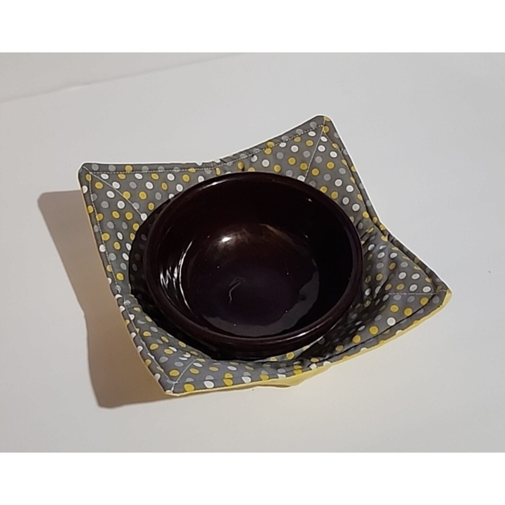 Bowl Cozy Yellow and Gray Polka Dot Handmade Reversible Microwaveable Pot Holder